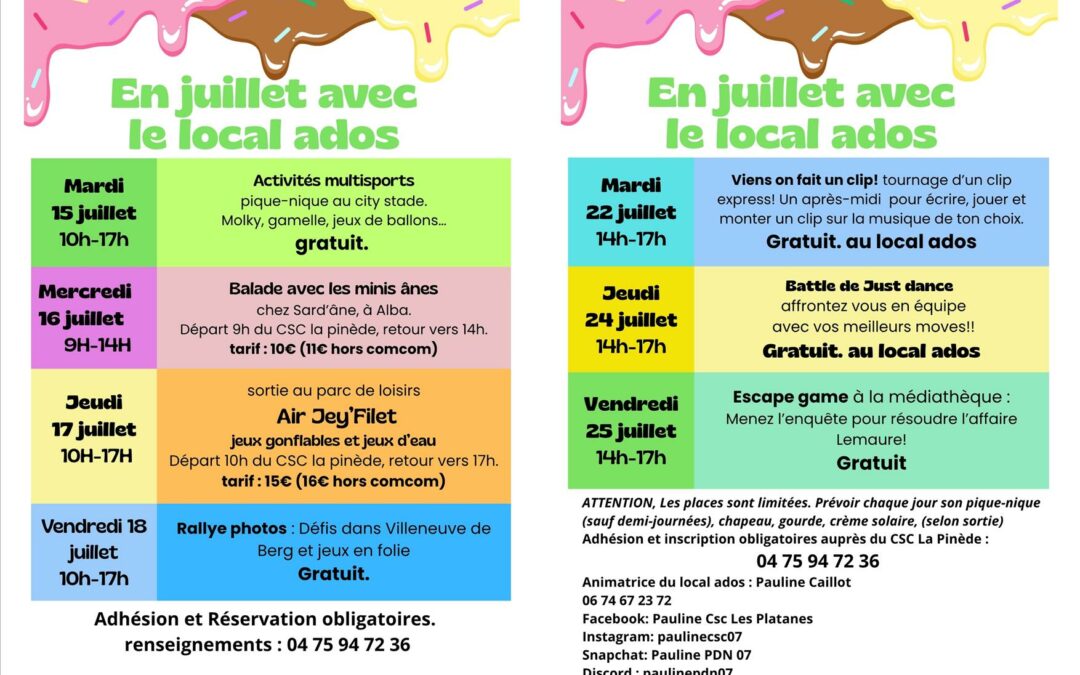 Pour les ados, programme en juillet.