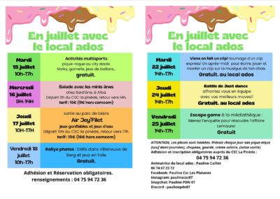 Pour les ados, programme en juillet.